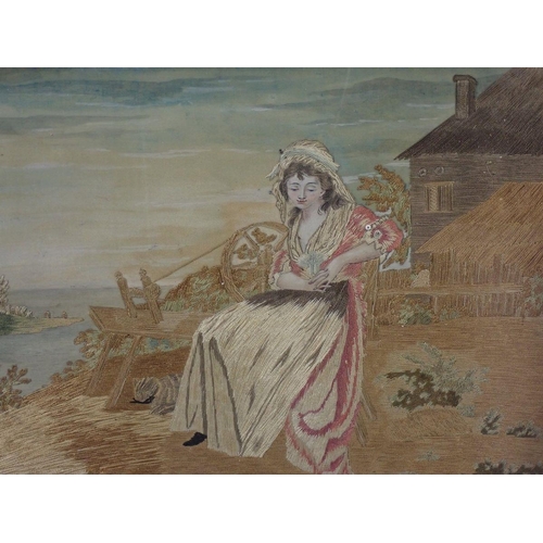 1006 - An early 19th century silk embroidered and watercolour picture of 'Jenny' seated in a landscape, in ... 