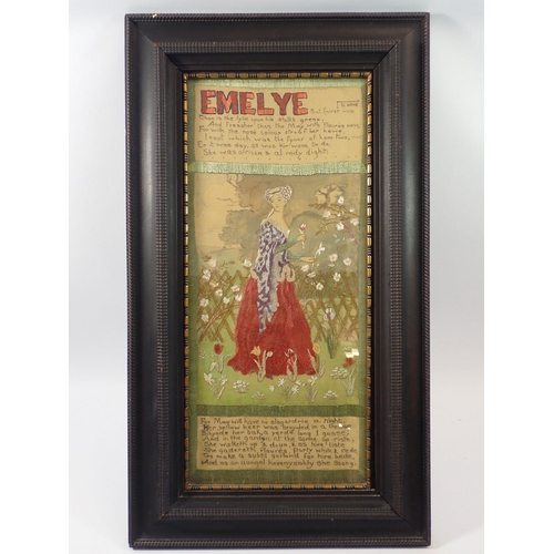 1007 - A Victorian Pre-Raphaelite watercolour and silk embroidery picture of 'Emelye' with text from The Ca... 