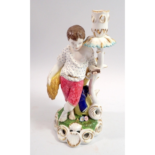101 - A 19th century Stevenson & Hancock Derby candlestick figure of 'Summer Harvest' with a boy holding a... 
