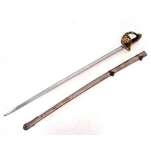 1031 - A 19th century German officers sword and scabbard with brass hilt and wood and wire handle, blade 85... 