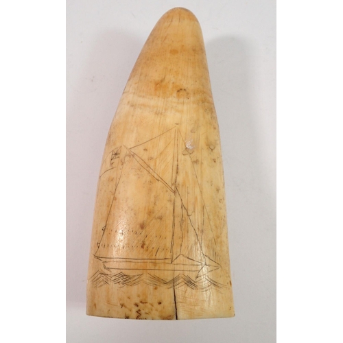 1043 - An early 19th century whales tooth scrimshaw with sailor and yacht decoration, 14cm