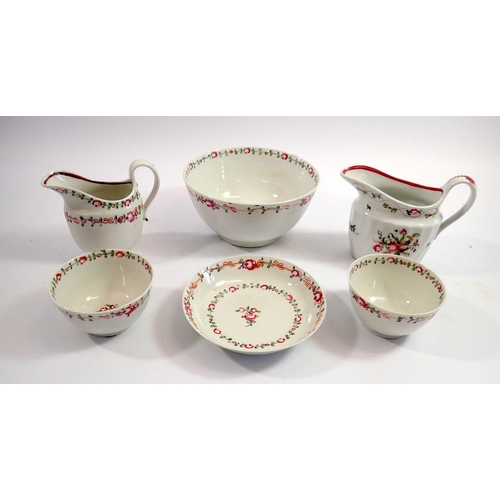 109 - A late 18th century matching New Hall sugar bowl, jug, two tea bowls and saucer plus another jug wit... 