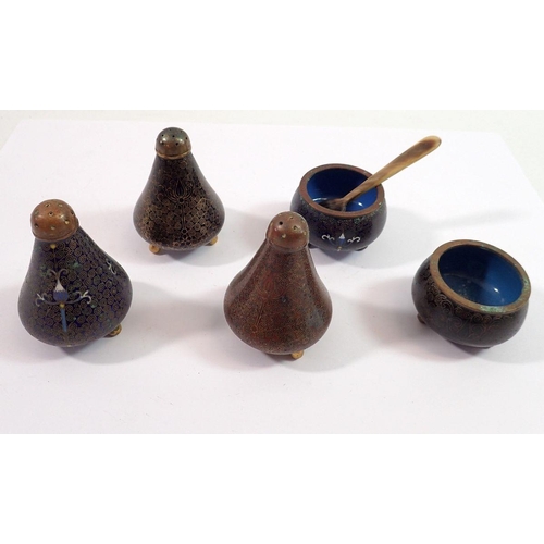 1094 - A group of Japanese cloisonne cruet items including two salts, three pepper pots and a horn spoon