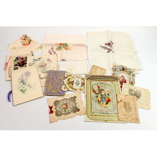 1098 - Various antique greetings cards and embroiderd handkerchiefs etc.