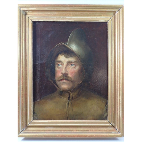 1142 - A Victorian oil on canvas of a 17th century cavalier wearing a helmet, 45 x 34.5cm