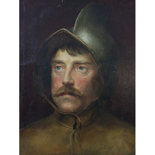 1142 - A Victorian oil on canvas of a 17th century cavalier wearing a helmet, 45 x 34.5cm