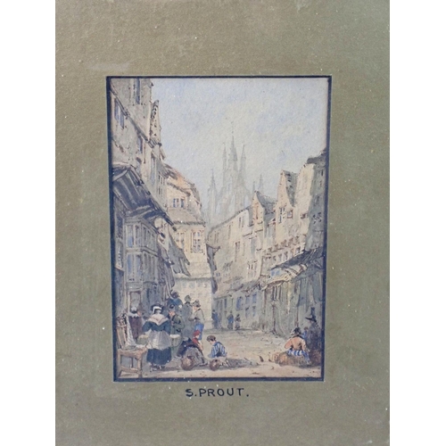 1184 - Samuel Prout - watercolour continental town scene, with provenance to back, 15 x 10cm