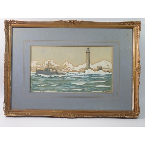 1189 - W J Lewis - watercolour of ship and lighthouse, signed and dated November 1927 '1964' 20 x 35cm