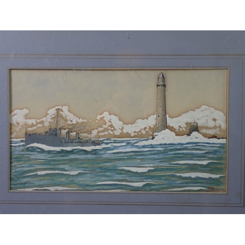 1189 - W J Lewis - watercolour of ship and lighthouse, signed and dated November 1927 '1964' 20 x 35cm