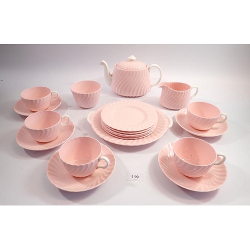 119 - A Mintons pink shell teaset consisting of teapot, milk jug and sugar bowl together with five trios a... 