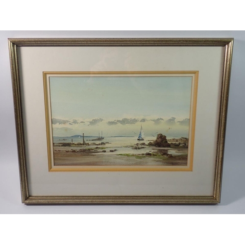 1190 - Ashton Cannell - watercolour coastal scene with yacht, 22 x 34cm