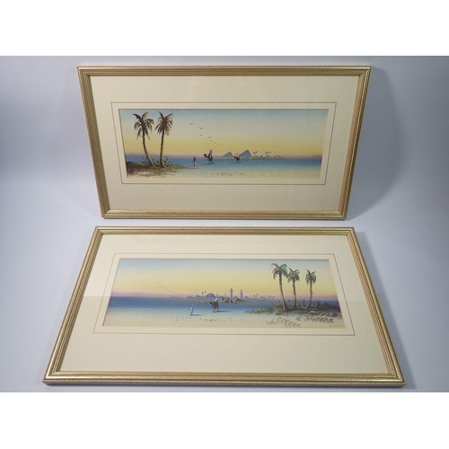 1191 - A pair of Egyptian gouache watercolours - desert scenes with pyramids, 12 x 36cm