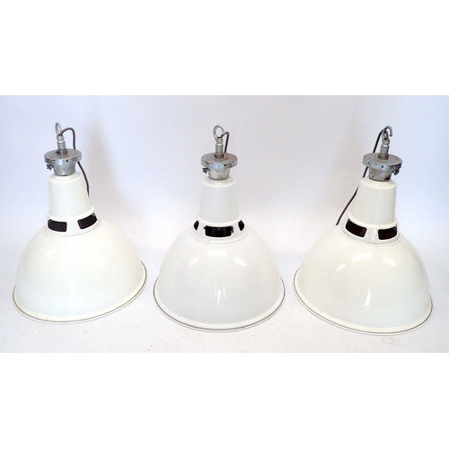 1195 - Three industrial metal light fittings in white by Benjamin 'Saaflux' 43cm diameter, 53cm tall