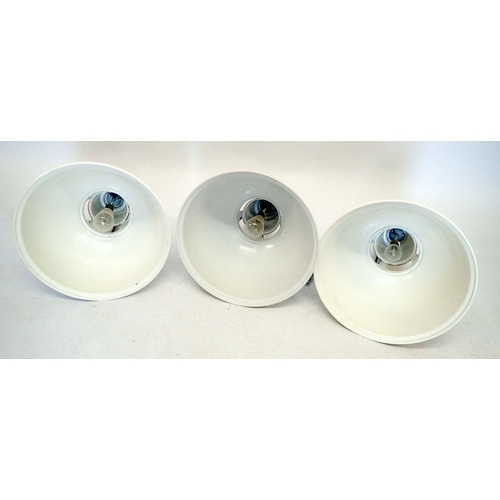 1195 - Three industrial metal light fittings in white by Benjamin 'Saaflux' 43cm diameter, 53cm tall