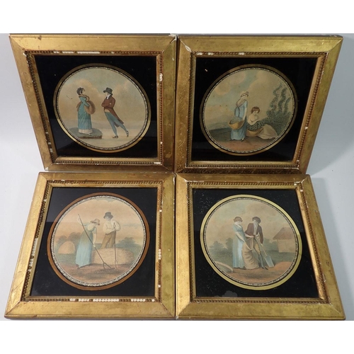 1196 - A set of four early 19th century circular mezzotints of couples, 15.5cm diameter