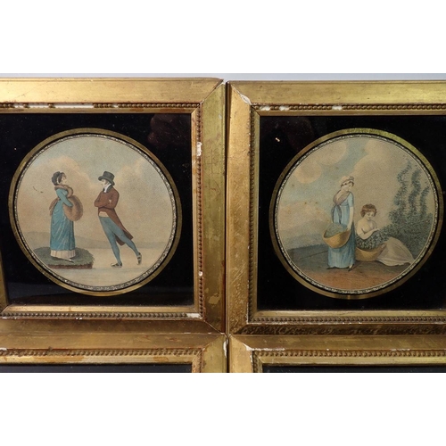 1196 - A set of four early 19th century circular mezzotints of couples, 15.5cm diameter