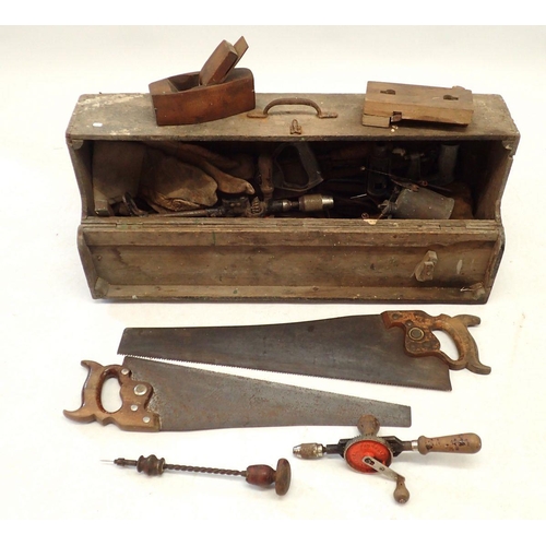 1221 - An early 20th century carry toolbox and contents of woodworking tools etc. including two Stanley han... 