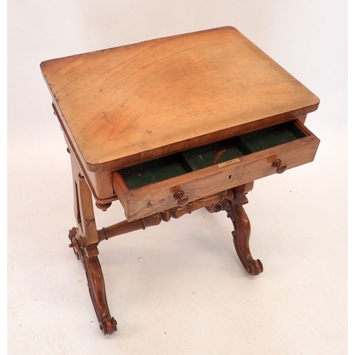 1224 - A Victorian walnut work table, the drawer with fitted interior over slide out well, all raised on tw... 