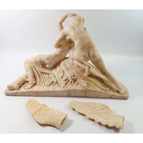 1236 - A Victorian alabaster group of angel holding a woman, some damage, 57cm wide