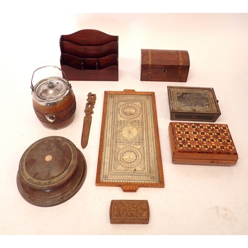 1244 - A box of various wooden items including the Libra Company letter desk tidy rack, oak biscuit barrel,... 