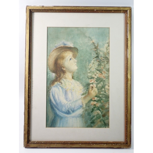 1272 - An early 20th century watercolour girl in bonnet picking hollyhocks, 42 x 26cm