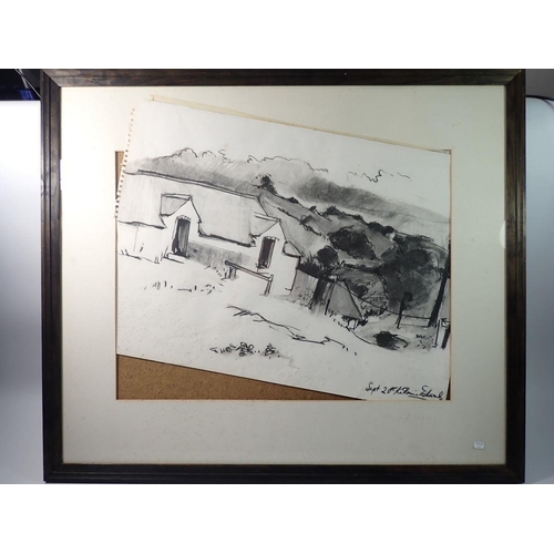 1283 - Katherine Edwards - black pastel sketch cottage in landscape, 42 x 55cm