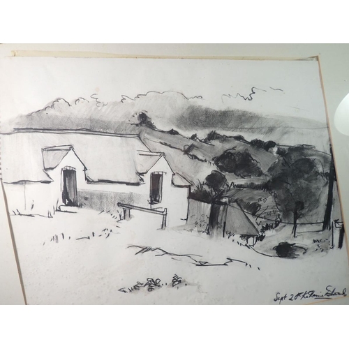 1283 - Katherine Edwards - black pastel sketch cottage in landscape, 42 x 55cm