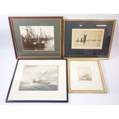 1302 - A 19th century watercolour marine scene singed indistinctly, 11 x 9cm, two 19th century prints and a... 