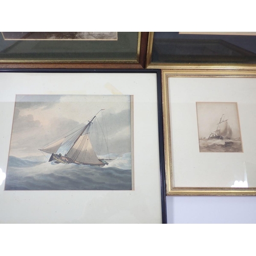 1302 - A 19th century watercolour marine scene singed indistinctly, 11 x 9cm, two 19th century prints and a... 