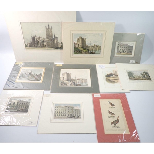 1308 - A group of ten mounted but unframed prints including some of Gloucester and Cheltenham, largest 19 x... 