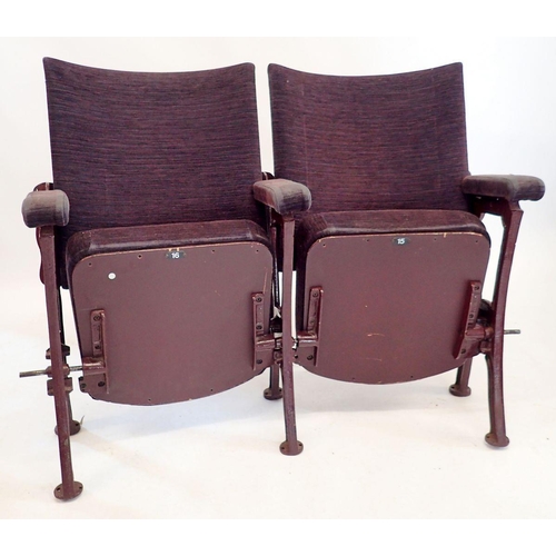 1328 - Two cast iron and upholstered theatre seats from Malvern Theatre