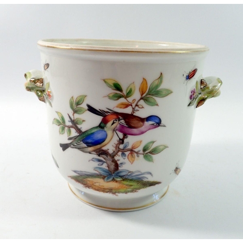 137 - A Meissen jardiniere painted birds and insects, star crack to base, 17.5cm tall
