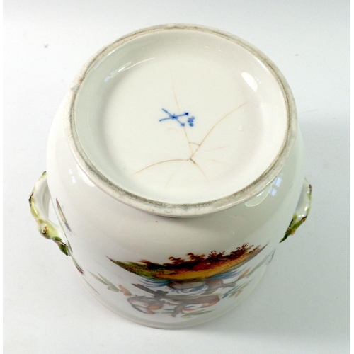 137 - A Meissen jardiniere painted birds and insects, star crack to base, 17.5cm tall