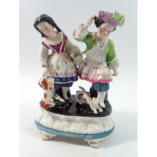 139 - A 19th century continental porcelain group boy and girl with cat & dog, 20cm tall
