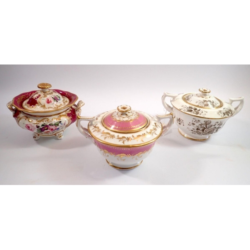 14 - Three early 19th century Minton sucriers, two painted flowers and one printed flowers