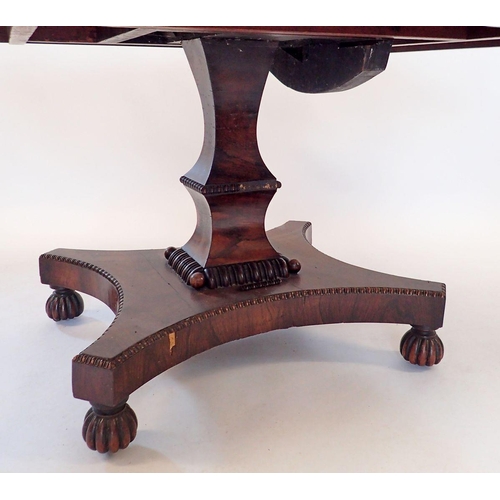 1413 - An early 19th century rosewood square tilt top breakfast table with beaded decoration and quadruple ... 