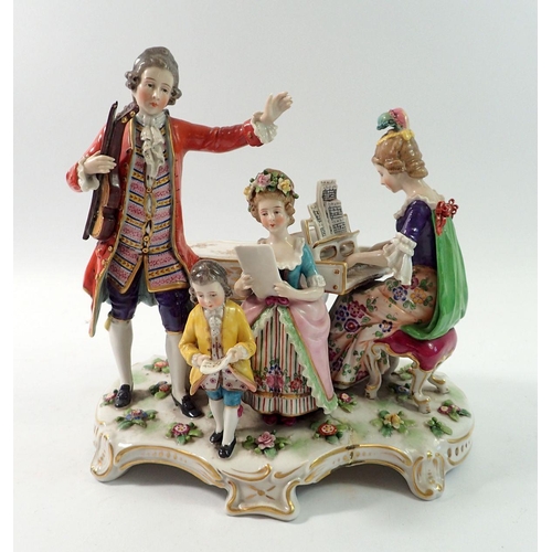 142 - A large continental porcelain group of a family playing music around a harpsichord, 22cm tall