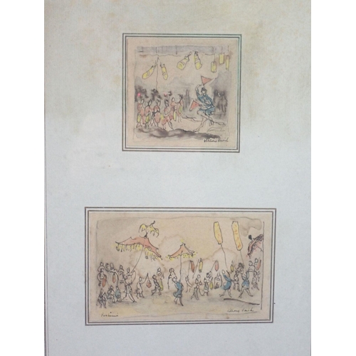 1422 - Vilery David - two small watercolour carnival scenes framed as one, largest 8 x 13cm