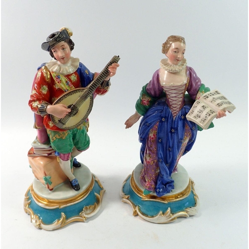 143 - A mid 19th century pair of French porcelain figures of mandolin player and singer in the style of Ja... 