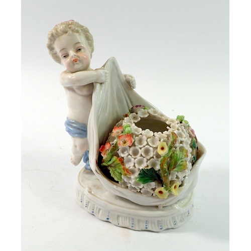 146 - A 19th century porcelain posy vase and cherub with floral encrusted decoration, with faux Augustus R... 