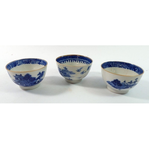 147 - Three 18th century English porcelain blue and white chinoiserie tea bowls - all with faults
