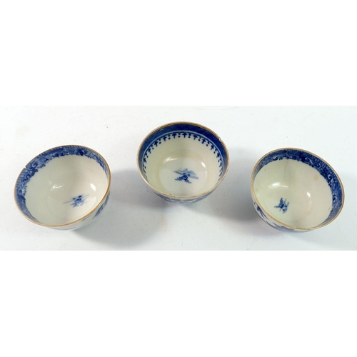 147 - Three 18th century English porcelain blue and white chinoiserie tea bowls - all with faults