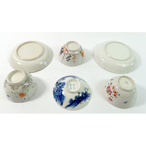 164 - Six 18th century Chinese polychrome tea bowls and saucers including 'Quail' pattern and blue and whi... 
