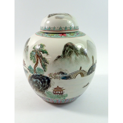 171 - A Chinese famille verte ginger jar and lid painted mountain landscapes and script, seal mark to base... 