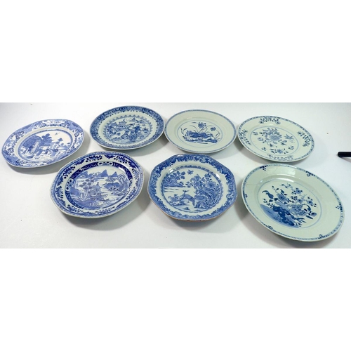 174 - Seven Chinese 18th century blue and white plates - all damaged, 23cm diameter