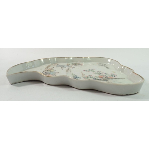 178 - An 18th century Chinese leaf form platter with riverboat scene and inscription, 26.5cm long