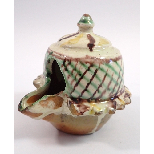18 - A 19th century Whieldon style small half covered pot with spout, 9cm tall