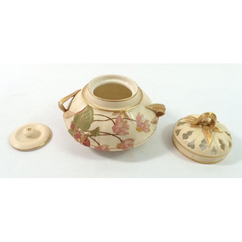 195 - A Royal Worcester ivory blush pot pouri vase and cover with inner lid, painted flowers in the Aesthe... 