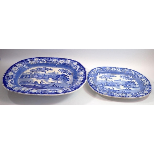 2 - Two Victorian large blue and white meat plates with punting scene with deep floral border, largest 4... 