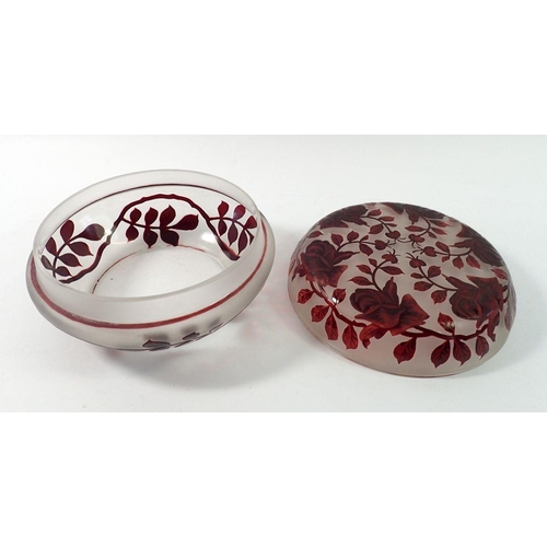 209 - A Victorian Stourbridge style overlaid glass bowl with carved rose decoration, 16cm diameter